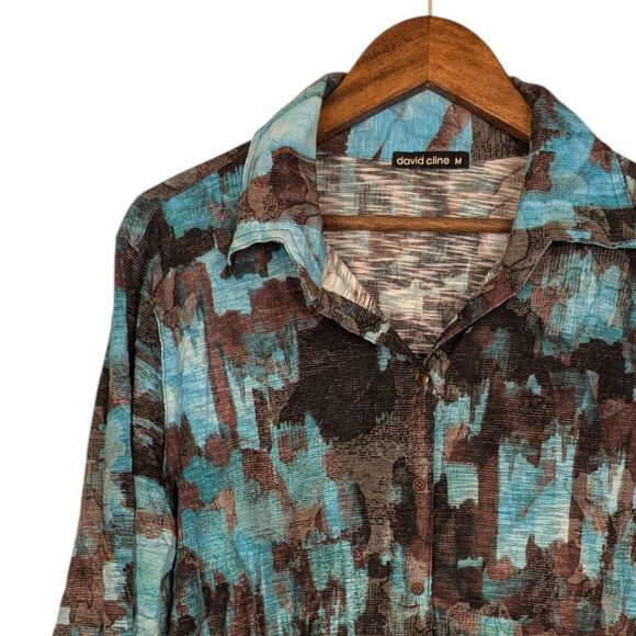 David Cline Blue Brown Abstract Roll Tab Snap Front Top Shirt Size Medium - Picture 1 of 10